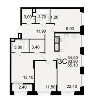 3-к квартира, 1/10 эт., 85м²